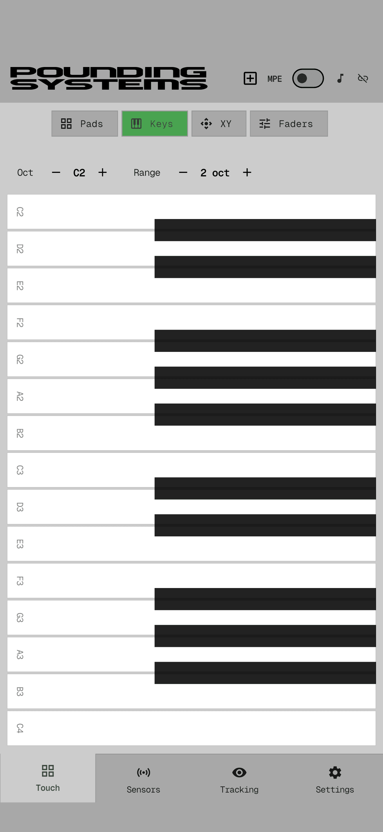 Mobile MIDI piano keyboard layout