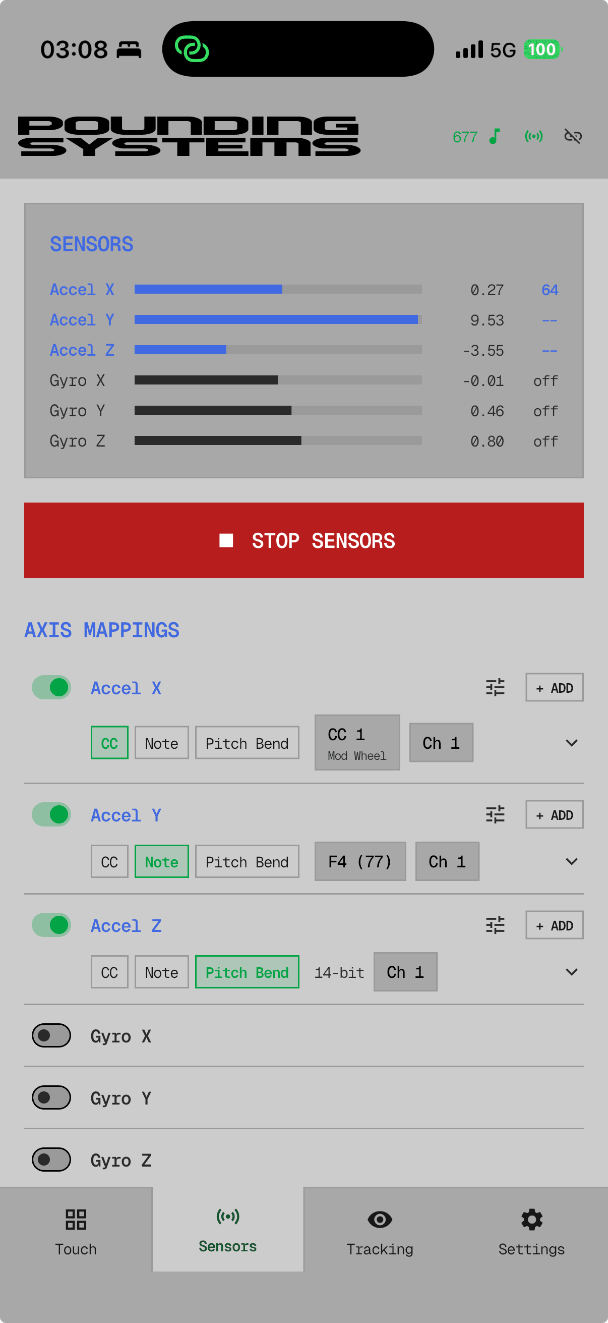 Mobile MIDI motion sensors — accelerometer and gyroscope mapping